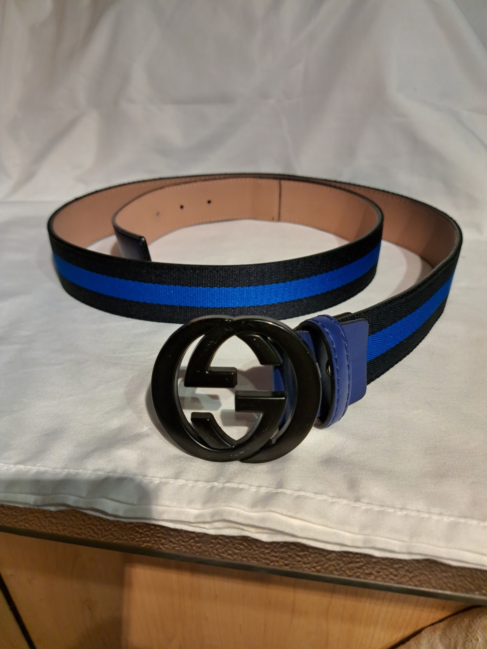 Gucci Black and Blue Web Ribbon Belt with Interlocking G Buckle